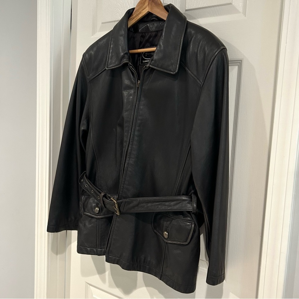 VTG 90s Tannery West Leather Black Brown Belt Collar Zip Jacket Coat Women XL - Picture 4 of 17